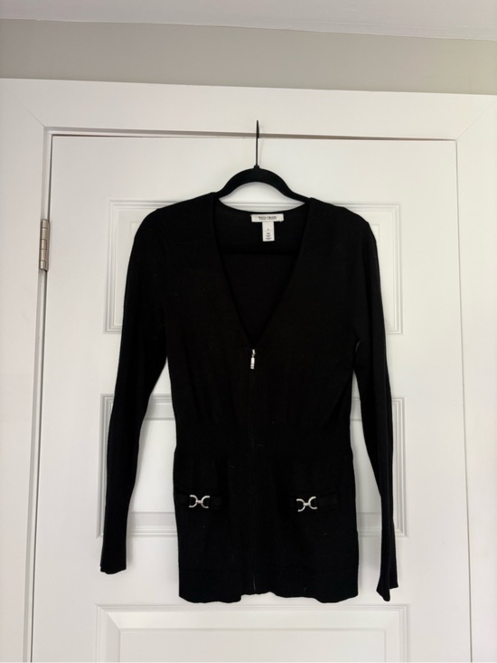 White House Black Market Black Long Sleeve Zip Cardigan Cinched Waist